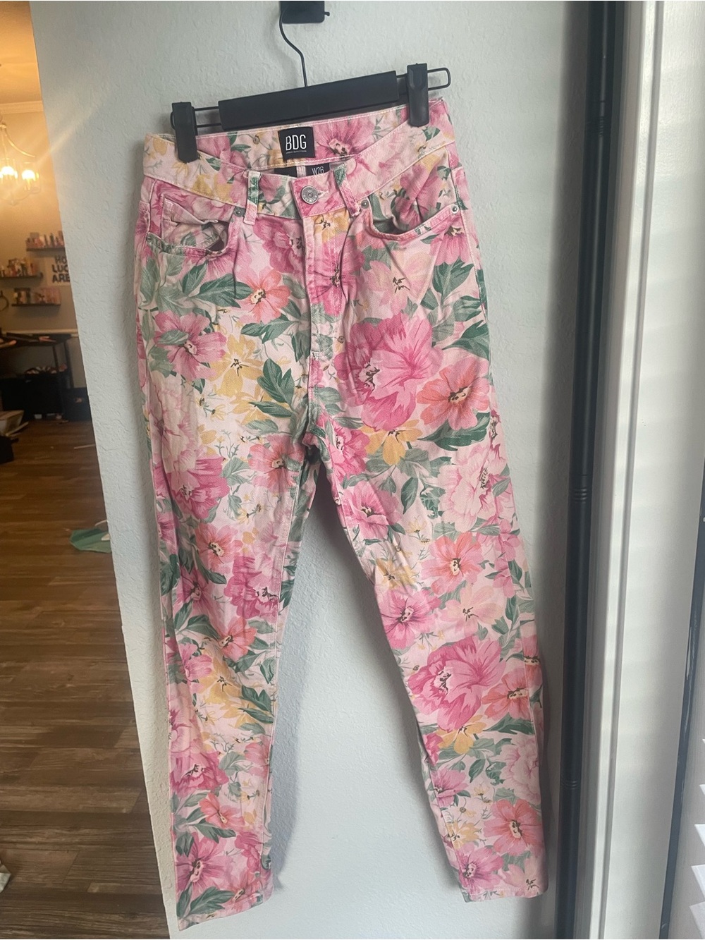 BDG Pink Floral Skinny Jeans with Green Leaf Print